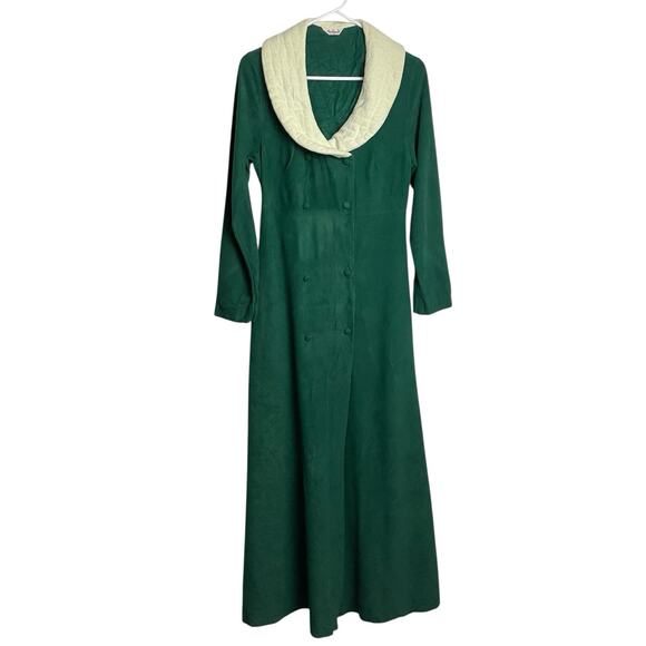 Vintage 1970s Cherri Lynn Jr Long Robe Womens S Green Velour Button Cottagecore - Picture 1 of 7